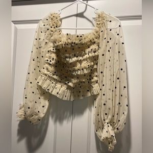 Lace and Beads Polka Dot Crop Top with Puff Sleeves